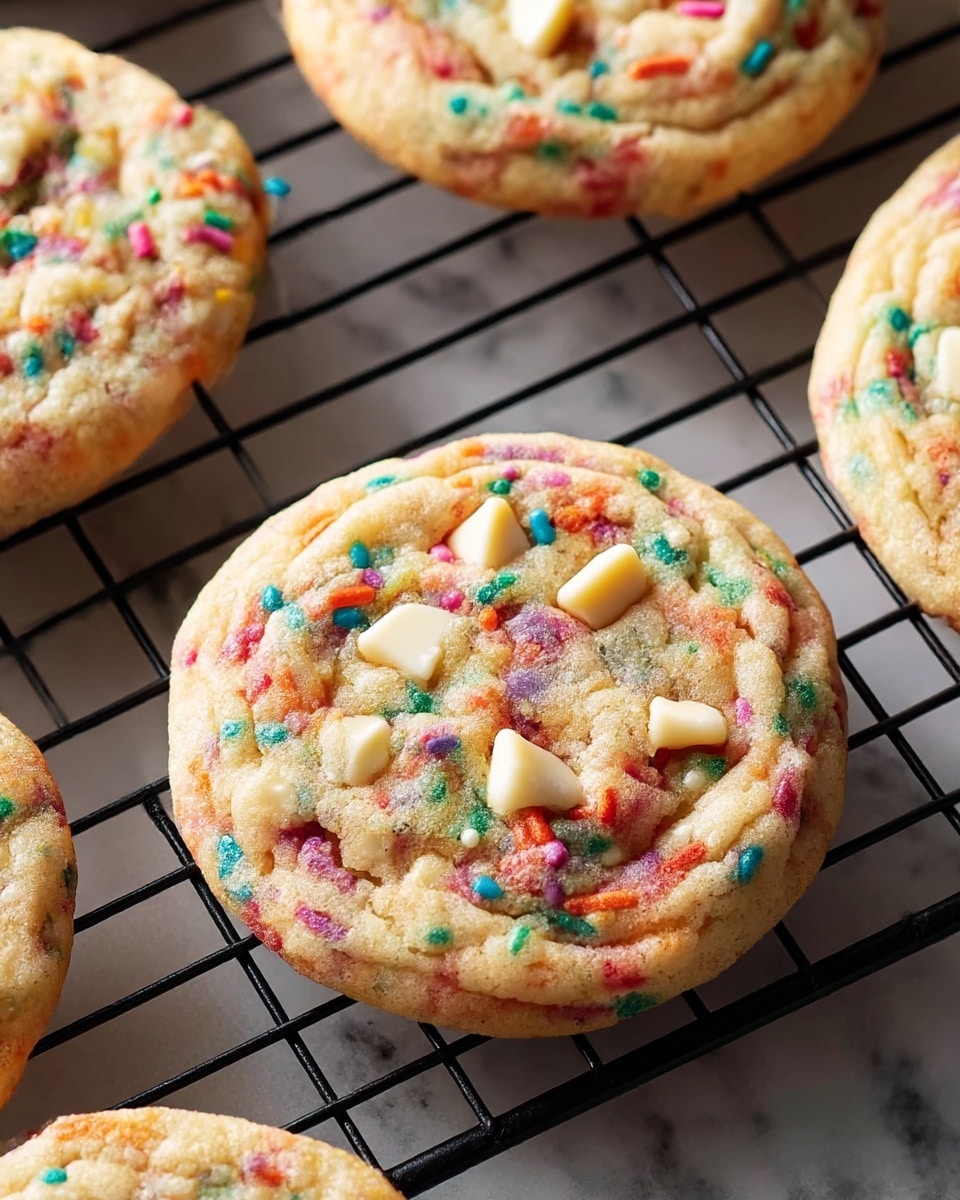 The image shows a close-up view of soft, round cookies cooling on a black wire rack placed over a white marbled surface. Each cookie has a light golden-brown base with colorful sprinkles mixed evenly throughout the dough, creating a speckled rainbow effect. On top of the cookies are small chunks of white chocolate embedded near the center, adding a creamy texture contrast. The cookies have a slightly bumpy and chewy texture, with some areas looking moist and glossy where the chocolate pieces are melting. photo taken with an iphone --ar 4:5 --v 7