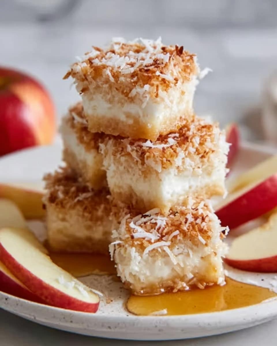 The image shows a stack of four small square coconut-covered dessert bites on a round white plate. Each bite has a creamy off-white base and is heavily coated with shredded coconut that adds a rough texture. The top bite is cut open, revealing a golden yellow filling inside. Around the stack on the plate are a few thin slices of red apple with white flesh and a light drizzle of honey or syrup creating a shiny effect. The background is a white marbled surface, and the lighting highlights the moist and soft texture of each dessert piece. photo taken with an iphone --ar 4:5 --v 7
