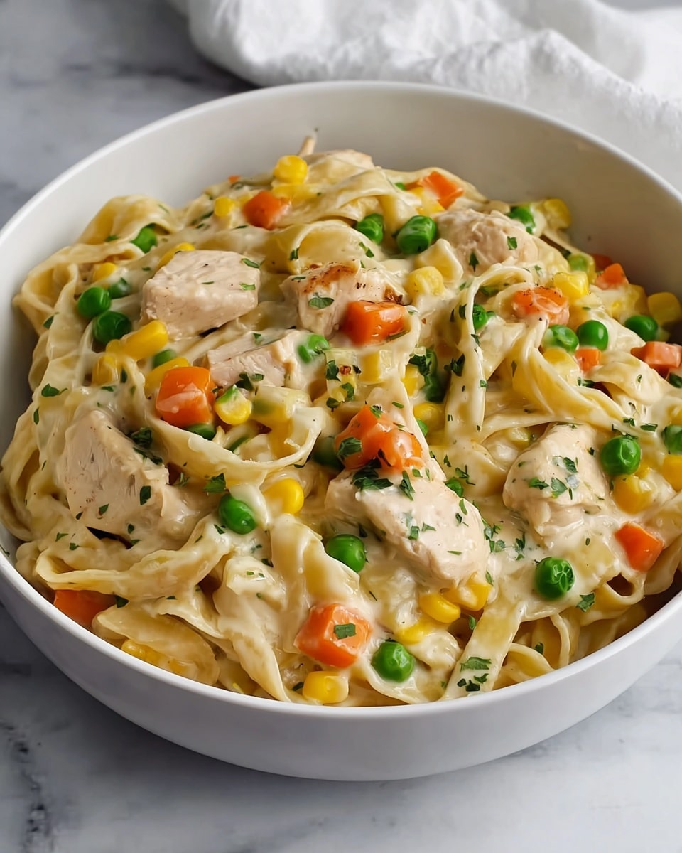 A white bowl holds a creamy dish with three main layers. The bottom layer is soft, flat fettuccine noodles coated in a smooth, light cream sauce. Scattered evenly within this are chunks of white chicken breast with a moist and tender texture. Mixed throughout are small, bright orange carrot cubes, green peas, and yellow corn kernels, adding pops of color and a fresh, slightly crunchy texture. Small flecks of green herbs are sprinkled on top, blending into the sauce for a subtle touch of color. The bowl sits on a white marbled surface that softly reflects light, creating a clean and simple look. Photo taken with an iphone --ar 4:5 --v 7