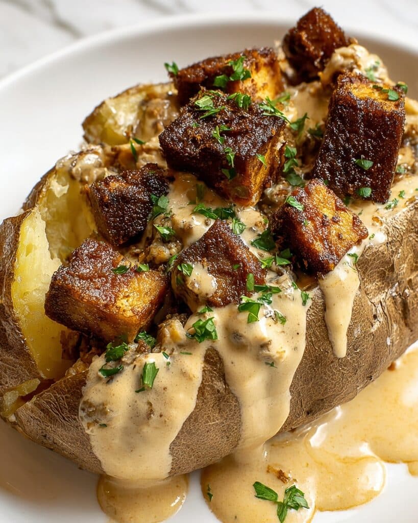 Loaded Baked Potatoes with Steak Bites and Parmesan Cream Sauce Recipe