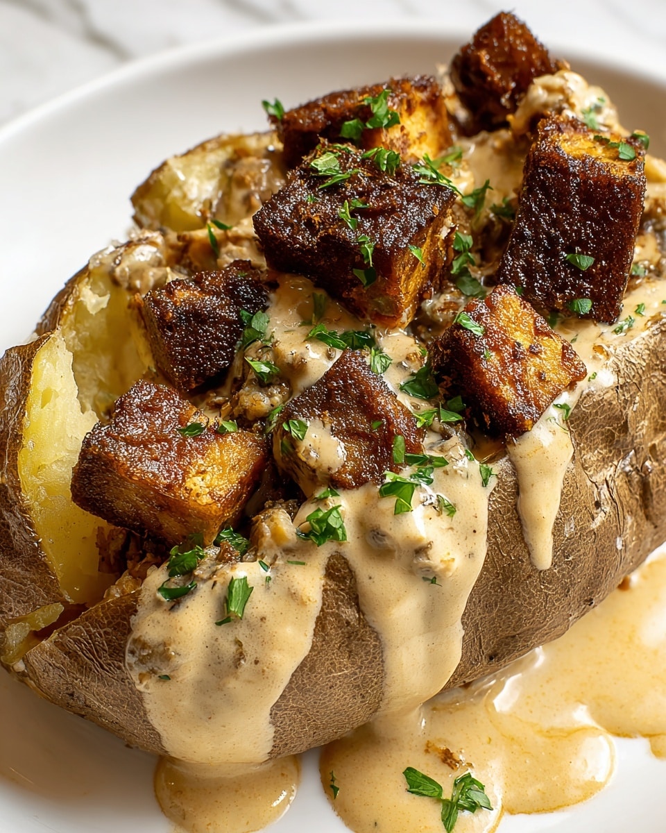 A white plate holds a baked potato cut open with fluffy white inside visible, topped with several dark brown crispy seared cubes of meat. The potato and meat are generously covered in a creamy, light tan sauce with small herbs and spices. Fresh green parsley bits are sprinkled over the dish, adding a fresh touch. Some sauce has dripped onto the white marbled textured surface beneath the plate. The texture of the potato skin is rough and brown, contrasting with the smooth creamy sauce. photo taken with an iphone --ar 4:5 --v 7