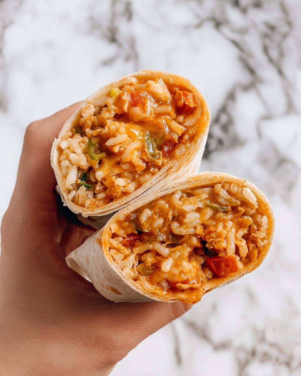 A woman's hand holds a burrito cut in half to show three layers inside: the outer soft tortilla is pale beige with light brown grill marks, inside there is a thick layer of cooked rice mixed with small pieces of tomato and green herbs, and a layer of melted orange cheese intertwined with the rice filling. The background is a white marbled texture. photo taken with an iphone --ar 4:5 --v 7