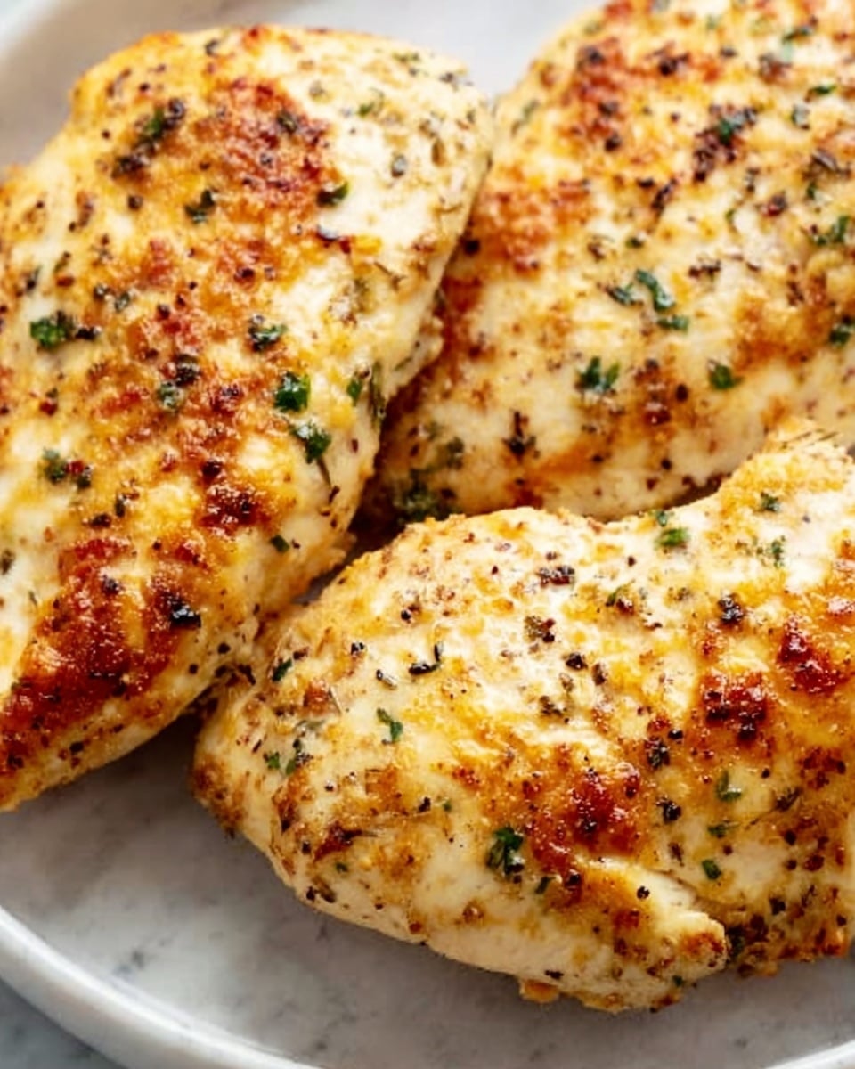 The image shows three pieces of grilled chicken with a golden-brown crust, speckled with small green herb bits and light char marks, indicating a crispy texture. The chicken pieces are plump and juicy, placed close together on a white plate sitting on a white marbled surface. The lighting highlights the crispy crust and the tender inside of the chicken, making it look very appetizing. photo taken with an iphone --ar 4:5 --v 7