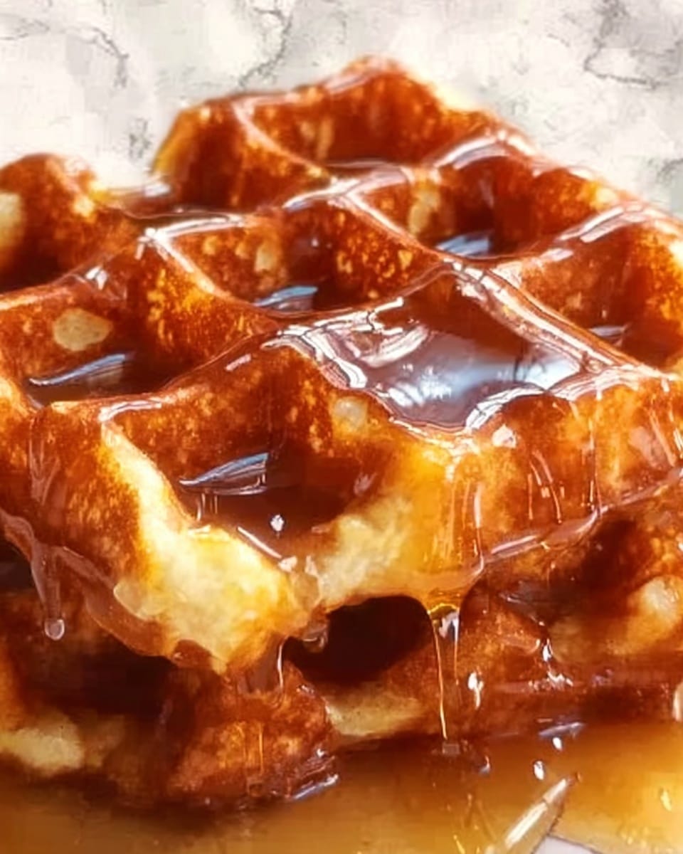 A close-up image of two golden brown waffles stacked on top of each other, with their crisp texture and grid pattern clearly visible. The top waffle is covered with a sticky layer of melted syrup that glistens in the light, pooling slightly in the waffle holes. The edges of the waffles are slightly rough and crunchy, showing a darker toasted color, while the inner parts remain softer and lighter. The background is a white marbled texture. Photo taken with an iphone --ar 4:5 --v 7