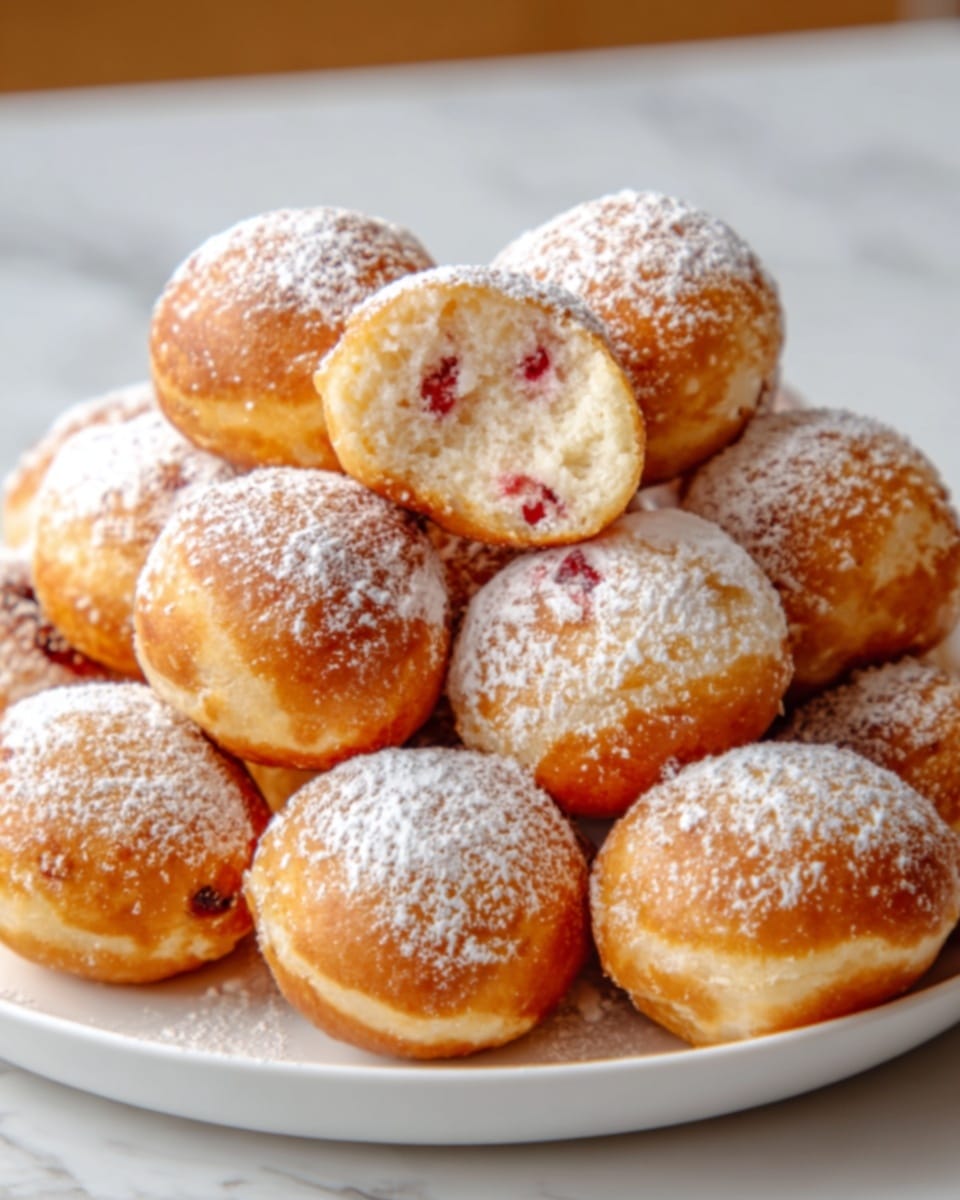 A white plate filled with small round pastries piled in a pyramid shape, each golden brown with a soft, slightly shiny surface. Some pastries are dusted with powdered sugar, giving a light white topping. One pastry near the front is cut open to show a creamy white inside with bits of red filling. The plate sits on a white marbled surface, with a blurred warm brown background. Photo taken with an iphone --ar 4:5 --v 7