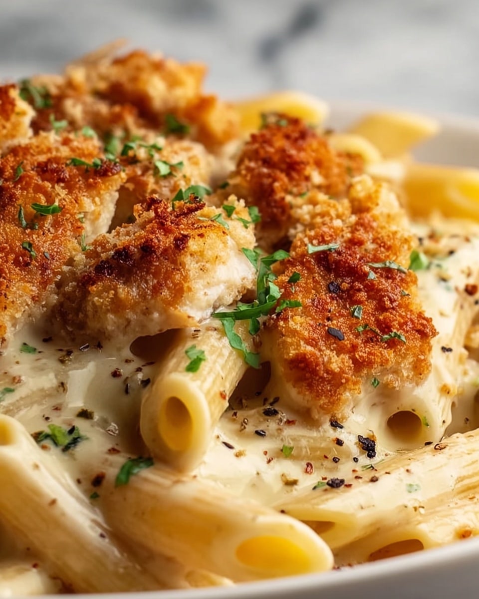 This close-up image shows a creamy pasta dish with penne pasta coated in a smooth, light-colored cheese sauce, layered with pieces of golden-brown breaded chicken on top. The chicken pieces have a crispy and crumbly texture, with some darker toasted crumbs. Small sprinkles of fresh green herbs add a pop of color scattered over the dish. Tiny black pepper flakes are visible, adding texture and contrast. The dish looks rich, creamy, and crispy all at once, presented on a white plate against a white marbled textured background. Photo taken with an iphone --ar 4:5 --v 7