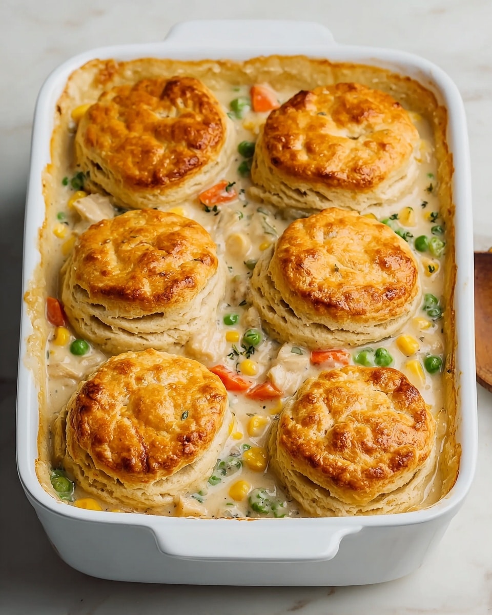 In a white rectangular baking dish on a white marbled surface, there are six golden brown biscuits arranged on top of a creamy chicken and vegetable filling. The dish has one main layer of creamy sauce with visible chunks of white chicken, green peas, orange carrot pieces, yellow corn, and specks of herbs mixed in. The golden biscuits rest on top of this thick, chunky creamy layer, showing a fluffy, layered texture with a shiny, crisp crust. Photo taken with an iphone --ar 4:5 --v 7