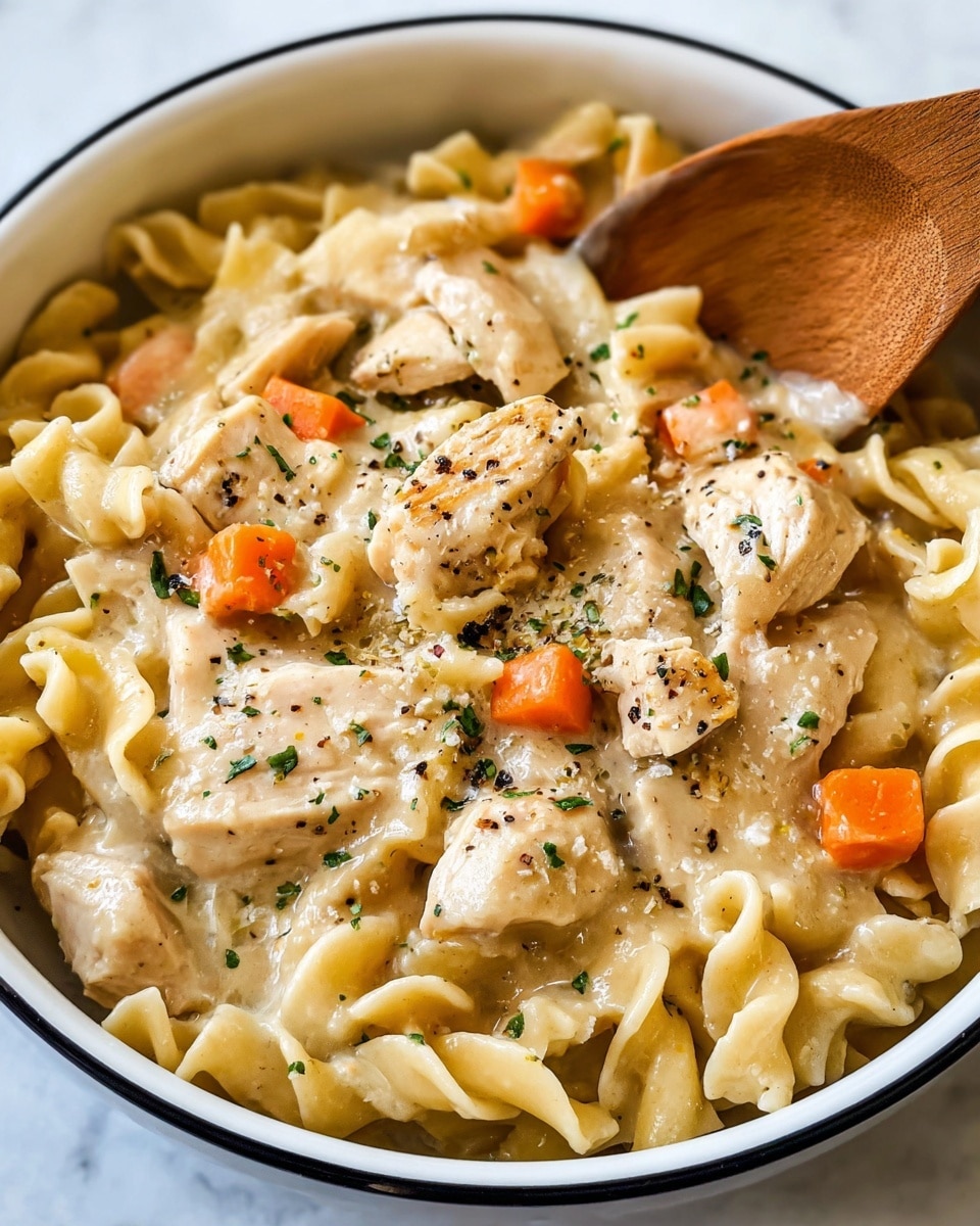 A close-up view of a creamy chicken noodle dish in a white bowl with a thin black rim. It shows three main layers: the bottom layer is twisted egg noodles in pale yellow, covered by a thick, smooth sauce with a soft beige color. On top, there are medium-sized pieces of light cooked chicken and small diced orange carrots scattered evenly. The whole dish is sprinkled with small green herb bits and black pepper flakes, with a wooden spoon partially dipped into the food from the right side. The background is a white marbled texture. photo taken with an iphone --ar 4:5 --v 7