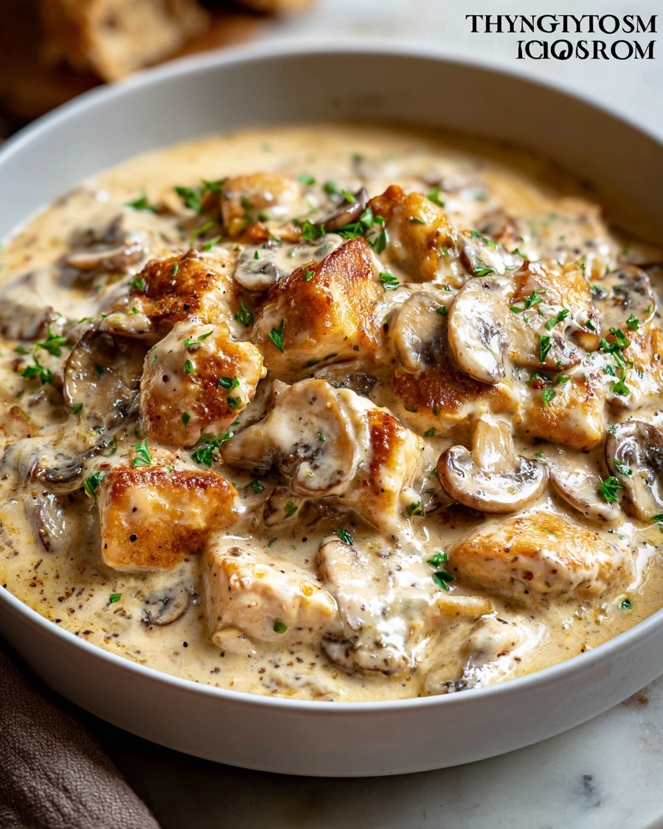 A close-up view of chicken mushroom stroganoff in a white bowl, showing two main layers: the first layer is creamy sauce with a smooth, light beige color and specks of black pepper, covering the entire bowl, and the second layer consists of chunky pieces of golden-brown seared chicken and sliced mushrooms with a soft, cooked texture mixed throughout the sauce. Small green herb pieces are sprinkled over the dish, adding a fresh contrast. The bowl sits on a white marbled surface, with a soft focus background that hints at a rustic setting. Photo taken with an iphone --ar 4:5 --v 7