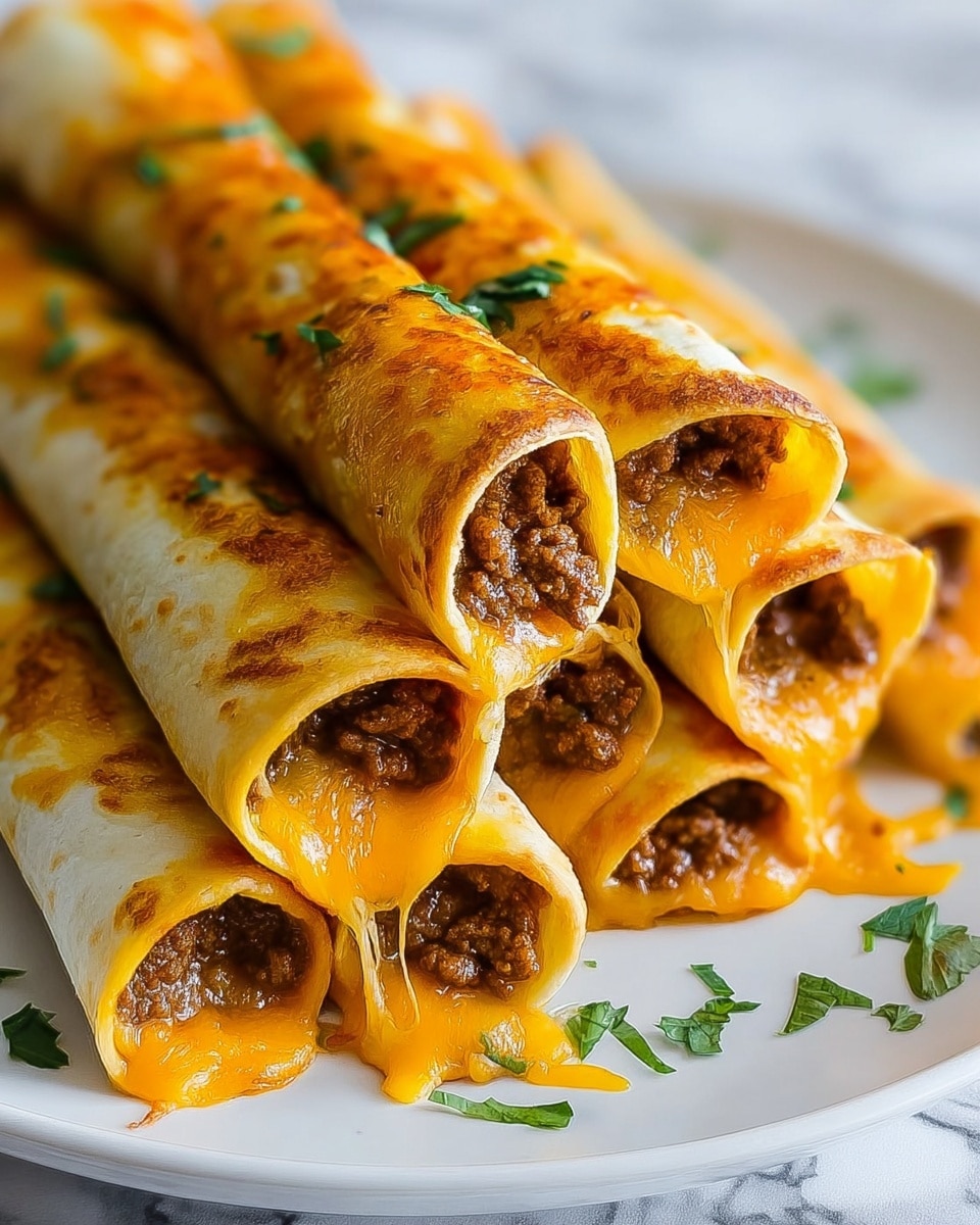 The image shows a close-up of six rolled tortillas filled with seasoned ground beef and melted bright orange cheddar cheese oozing out from the open ends and slightly browned on the edges. The tortillas have a golden, slightly crispy texture and are stacked neatly on a white plate. There are small pieces of fresh green herbs sprinkled on top and around the plate for garnish. The background has a soft white marbled texture, adding a clean and bright look to the image. Photo taken with an iphone --ar 4:5 --v 7