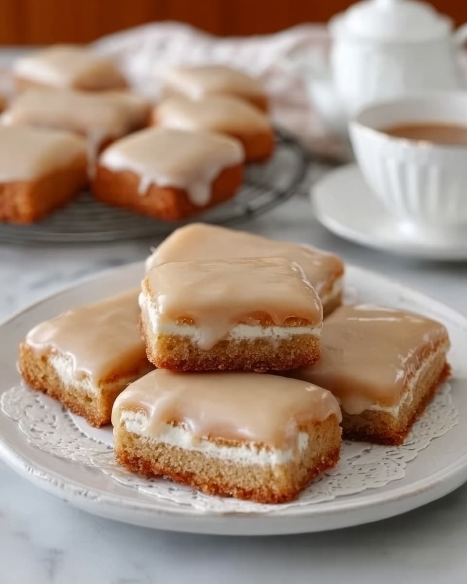 The image shows a white plate placed on a white marbled surface, filled with six square pastries arranged closely together. Each pastry has three visible layers: a golden-brown base that looks soft and chewy, a thick white creamy layer in the middle, and a smooth, light-brown icing layer covering the top, which appears slightly shiny and firm. In the background, there are pastries cooling on a round rack and a white cup and teapot with a cozy cloth, all softly blurred to keep focus on the plate of pastries. Photo taken with an iphone --ar 4:5 --v 7