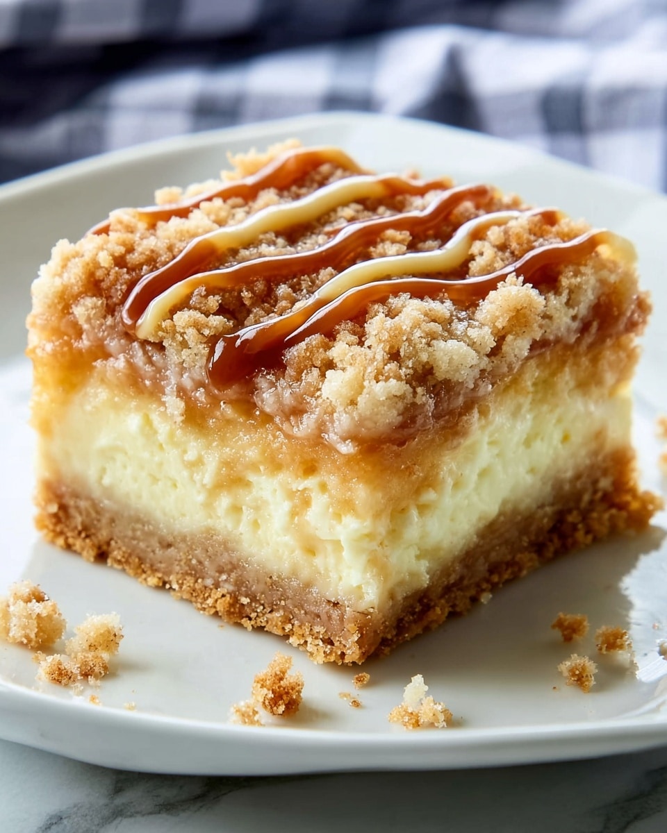 The image shows a square piece of dessert on a white plate with a white marbled background. The dessert has three visible layers: a firm and golden-brown crust layer at the bottom, a thick middle layer of creamy, pale yellow filling with a smooth texture, and a crumbly, light brown streusel topping with a rough texture. On top of the streusel, there are glossy caramel-colored drizzles in a zigzag pattern. Small crumbs from the streusel are scattered around the dessert piece on the plate. Photo taken with an iphone --ar 4:5 --v 7