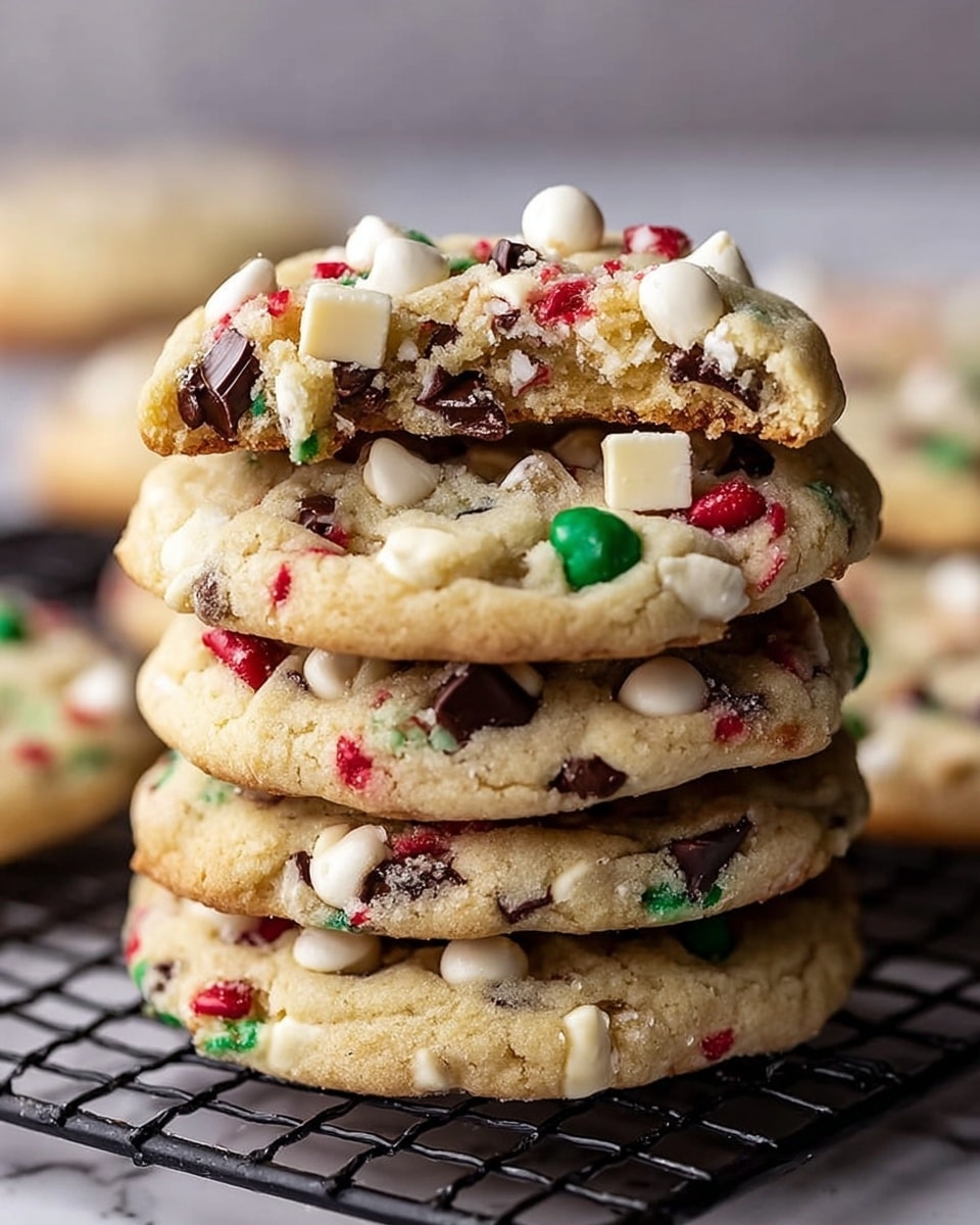 A stack of five thick sugar cookies sits on a black cooling rack over a white marbled surface, each cookie studded generously with white and dark chocolate chips and small red and green candy pieces. The top cookie has a bite taken out of it, revealing a soft, chewy inner texture with white and dark chocolate chunks inside. The cookies are golden brown around the edges, with a soft, slightly crumbly appearance in the center, and the candies add bright pops of red and green throughout. photo taken with an iphone --ar 4:5 --v 7
