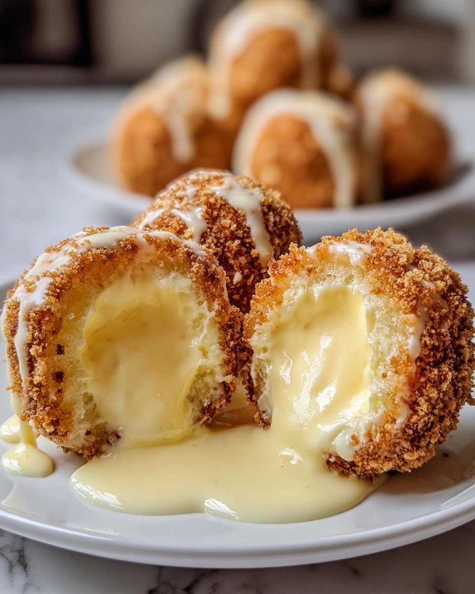 This image shows a close-up of creamy, light yellow custard balls with a crunchy golden brown outer layer, placed on a white plate. One custard ball is cut in half at the front, revealing a smooth and soft custard filling inside with a thick, creamy texture. A shiny white sauce drips over the top and sides of the custard balls, enhancing their glossy appearance. In the background, more whole custard balls with the same details are visible, all resting on a white marbled surface. photo taken with an iphone --ar 4:5 --v 7