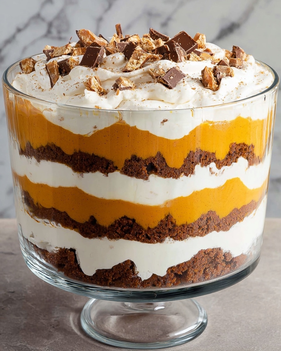 The image shows a clear glass trifle bowl with multiple thick layers of dessert. From the bottom, the first layer is a dark brown crumbly cake, followed by a smooth orange layer that looks like pumpkin or sweet potato puree. Above that is a thick, fluffy white layer of cream. This pattern repeats once more with another dark brown crumbly cake layer, an orange puree layer, and a white cream layer. The top is a thick layer of white whipped cream, sprinkled with uneven small chunks of chocolate and toffee, adding texture and color contrast. The whole bowl is placed against a white marbled texture. photo taken with an iphone --ar 4:5 --v 7