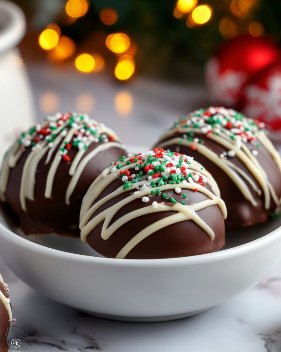 The image shows three round chocolate balls placed on a white bowl. Each ball is covered in smooth dark chocolate with white chocolate drizzled in thin lines on top. They are sprinkled with small green, red, and white tiny candy decorations. The bowl sits on a white marbled surface with blurred festive lights in the background, creating a cozy and warm feeling. Photo taken with an iphone --ar 4:5 --v 7