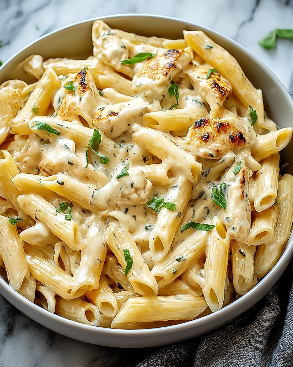 A close-up of a white bowl filled with creamy pasta made with penne pasta and pieces of grilled chicken. The pasta and chicken are coated in a thick white sauce with small green herb pieces scattered on top. The grilled chicken pieces have golden-brown spots, adding texture contrast. The bowl is placed on a white marbled surface, and there is a grey cloth visible on the right side. photo taken with an iphone --ar 4:5 --v 7
