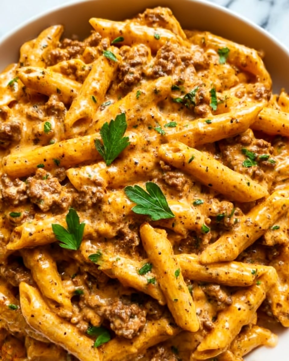 The image shows a close-up of a creamy pasta dish with rigatoni noodles covered in a smooth, thick orange sauce mixed with small pieces of browned ground meat. The sauce has a rich, slightly speckled texture with visible black pepper bits, and the top is sprinkled with fresh green herbs. The pasta is evenly coated, and the colors range from pale orange to golden brown with green accents on top. The background is a white marbled surface. Photo taken with an iphone --ar 4:5 --v 7