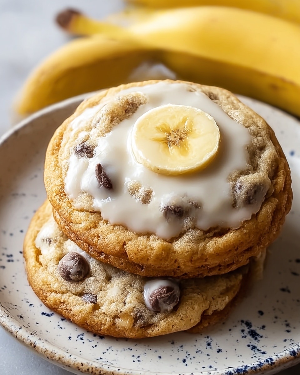 A close-up image of two round chocolate chip cookies placed on a white plate with blue speckles, each cookie has a light brown, slightly cracked surface with visible chocolate chips. On top of the cookie in focus, there is a shiny layer of white glaze spread unevenly, and a single thick slice of fresh banana is placed in the center. The plate rests on a white marbled surface, and blurred yellow bananas can be seen in the background. photo taken with an iphone --ar 4:5 --v 7