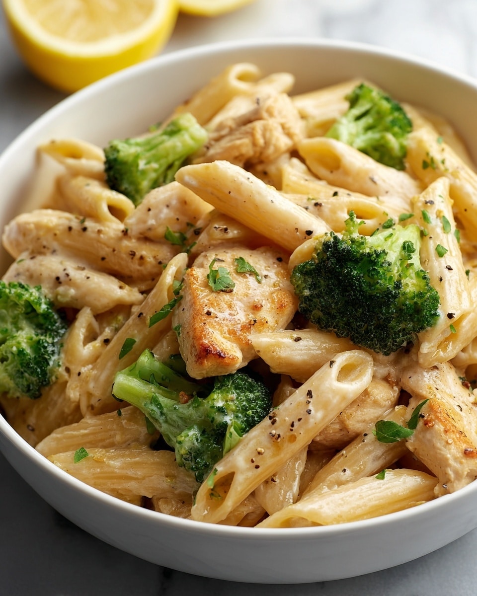 A white bowl filled with three main layers: creamy beige penne pasta coated with sauce forming the base, tender pieces of light golden brown grilled chicken scattered evenly over the pasta, and bright green broccoli florets placed mainly on the sides and mixed within. Small green herb bits are sprinkled across the dish, adding pops of color. The textures vary from smooth creamy sauce on the pasta, to slightly charred and firm chicken chunks, to crisp textured broccoli. The bowl sits on a white marbled surface with a blurry lemon slice visible in the background. photo taken with an iphone --ar 4:5 --v 7