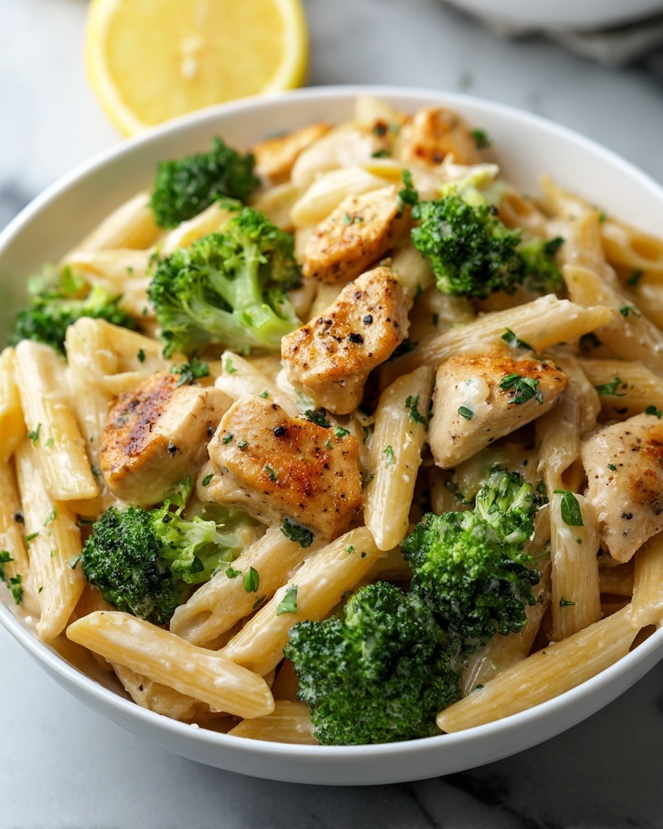 A close-up white bowl filled with creamy penne pasta, golden-browned pieces of chicken, and bright green broccoli florets. The pasta is coated in a smooth, light-colored sauce with specks of black pepper and fresh green herbs scattered on top. The chicken pieces have a slightly crispy, browned texture on the edges, contrasting with the soft pasta and the crisp, detailed texture of the broccoli. The bowl sits on a white marbled surface, with part of a sliced lemon visible in the blurred background. photo taken with an iphone --ar 4:5 --v 7