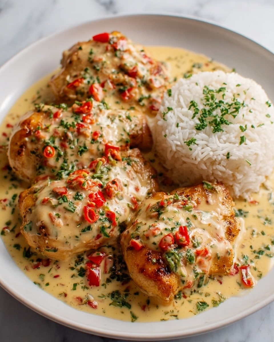The image shows three golden brown chicken breasts placed side by side on the left half of a white plate, covered with a creamy light brown sauce that has bits of red bell pepper and sprinkled green herbs on top. On the right side of the plate, there is a mound of white rice mixed with small green herbs. The plate is set on a white marbled surface. Photo taken with an iphone --ar 4:5 --v 7