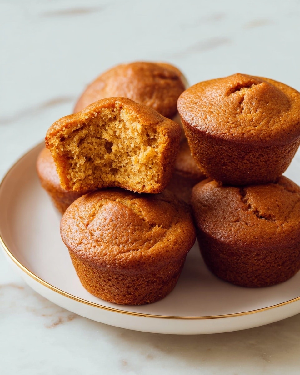 A white plate with a thin gold rim holds five golden brown muffins, arranged close together. Four muffins are whole, showing a smooth, slightly cracked top with a warm, baked texture. One muffin is cut in half and placed on top of the others, revealing a soft, fluffy interior with a light brown color and airy crumb structure. The plate sits on a white marbled surface, adding a subtle, elegant background to the warm tones of the muffins. photo taken with an iphone --ar 4:5 --v 7