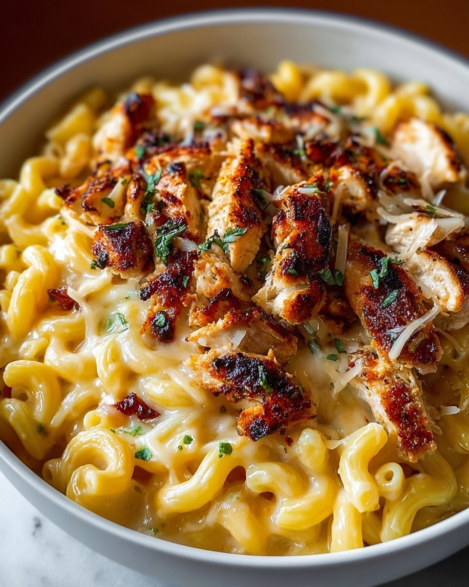 The dish shows a close-up of a white bowl filled with creamy yellow macaroni pasta at the bottom layer, covered with melted cheese that is smooth and slightly browned in spots. On top, there are pieces of grilled chicken with a golden-brown char, looking juicy and tender with a crispy texture. The chicken pieces are scattered evenly above the pasta and cheese, sprinkled with small green herb leaves that add a fresh touch. The background is a white marbled surface. photo taken with an iphone --ar 4:5 --v 7