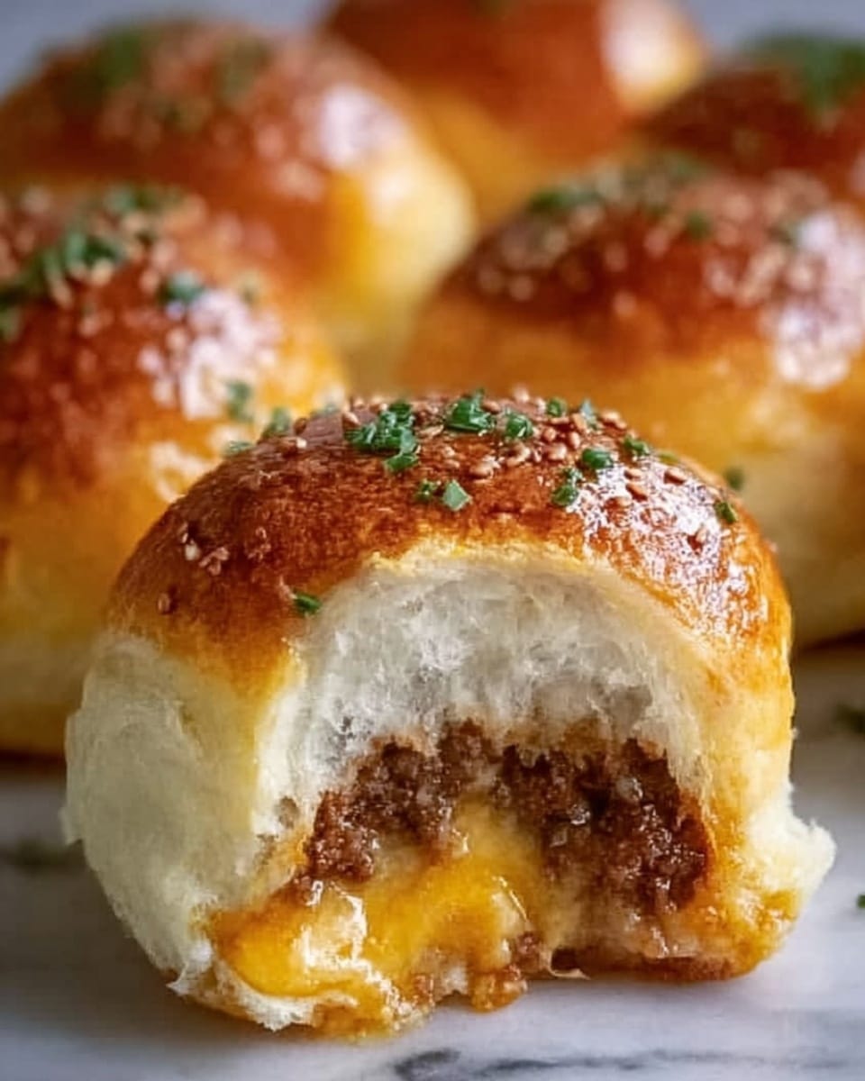 The image shows a soft, golden brown bun with a shiny top sprinkled with small green herbs. The bun is cut open to reveal a thick, juicy beef patty inside, topped with melted yellow cheese that appears creamy and smooth. The bun's inside looks soft and fluffy, contrasting with the rich texture of the meat and cheese. Around the bun, more similar buns can be seen in soft focus, all resting on a white marbled surface. photo taken with an iphone --ar 4:5 --v 7