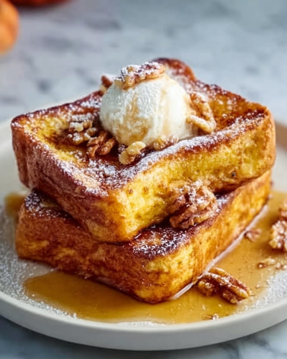 The image shows two thick slices of golden brown French toast stacked on a white plate, sitting on a white marbled surface. The bottom slice is crispy and browned around the edges, while the top slice looks soft with a slightly shiny texture from syrup. A scoop of melting butter sits on the top slice, with syrup dripping down the sides of the toast. Some chopped nuts are sprinkled on top of the butter and syrup, adding texture and color contrast. The photo taken with an iphone --ar 4:5 --v 7