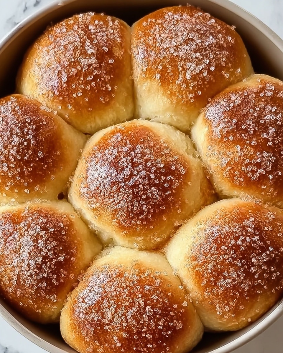 A close-up view of eight round baked bread rolls clustered tightly in a white round pan. Each roll has a golden-brown top with a slightly shiny, smooth texture, and they are sprinkled with a light layer of fine white powder, possibly powdered sugar or flour. The rolls' sides are a softer, lighter golden color where they touch each other, forming a flower-like shape. The white pan edges are just visible around the rolls, sitting on a white marbled surface. photo taken with an iphone --ar 4:5 --v 7