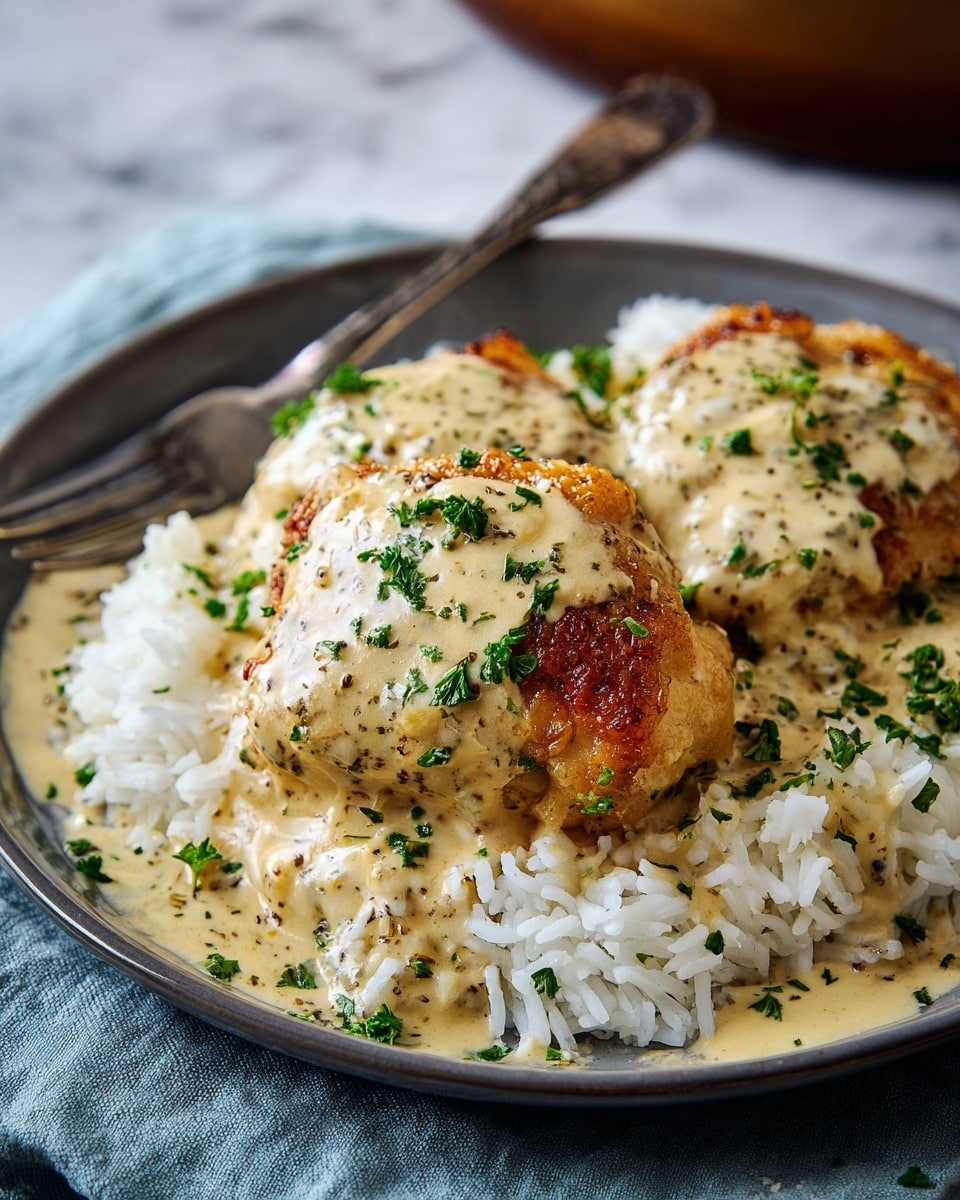 A white plate holds a layer of fluffy white rice at the bottom, topped with two golden-brown crispy chicken thighs covered in creamy sauce that has specks of black pepper and herbs. The sauce generously coats the chicken and drips onto the rice beneath, with finely chopped green herbs sprinkled over the entire dish. A fork rests on the edge of the plate and the plate sits on a light blue cloth against a white marbled texture background. photo taken with an iphone --ar 4:5 --v 7