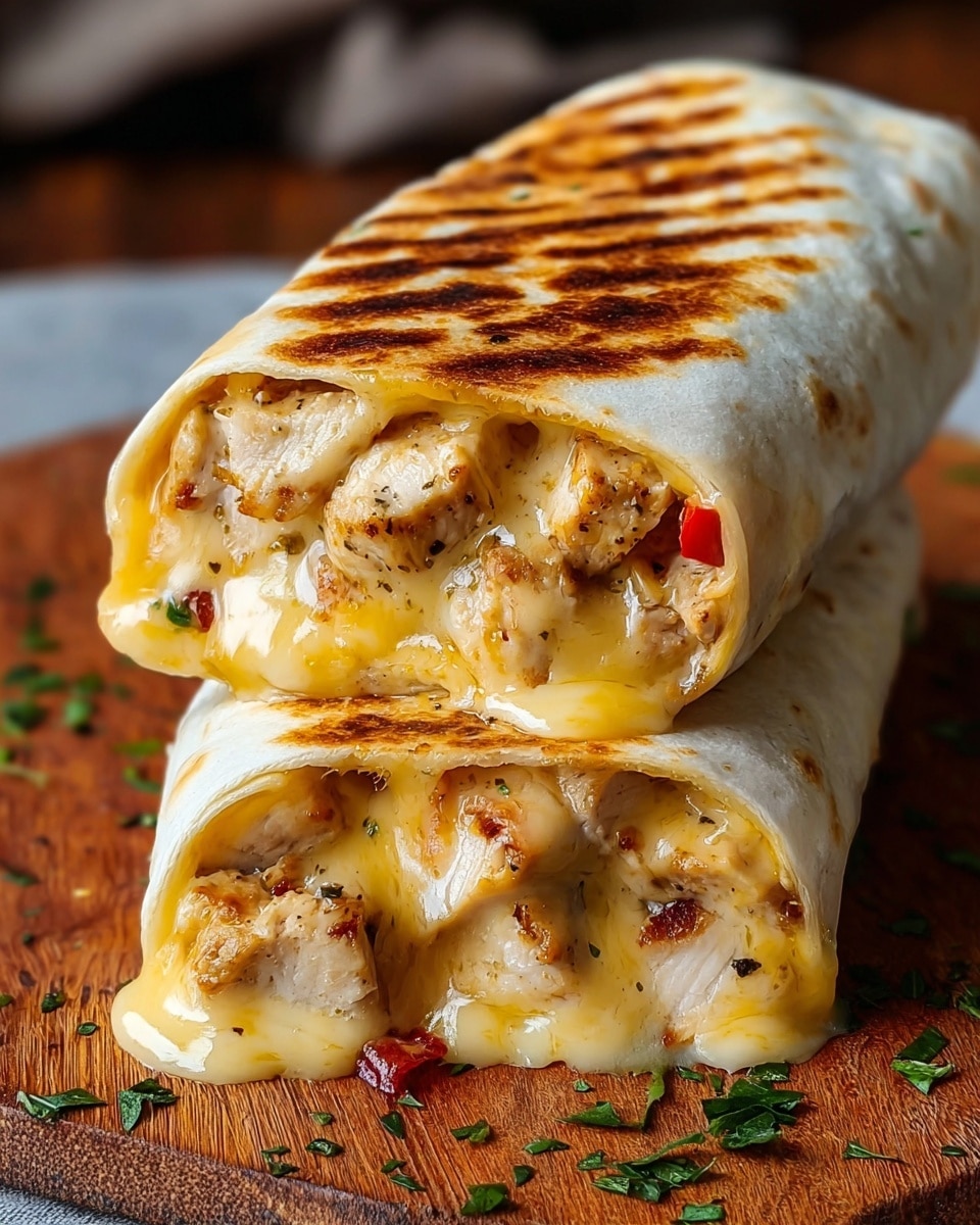 Two grilled wraps stacked on top of each other on a wooden board with some green herb pieces scattered around. Each wrap has a toasted white tortilla with brown grill marks on top. Inside, there is a thick layer of melted pale yellow cheese mixed with pieces of light brown grilled chicken and small bits of red pepper visible near the edges. The wraps appear soft and gooey with the cheese slightly dripping out. Photo taken with an iphone --ar 4:5 --v 7