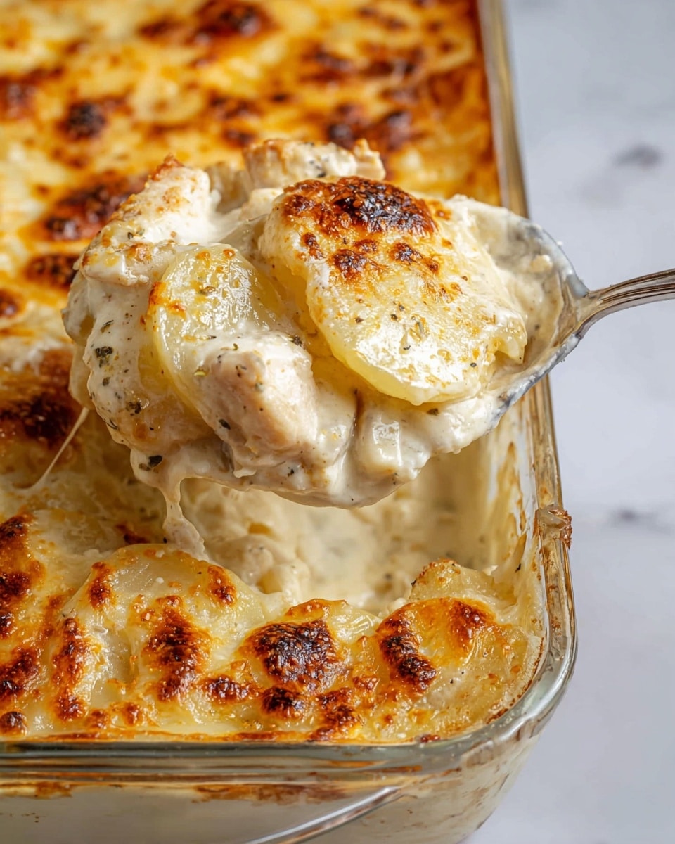 A close-up of a creamy potato and chicken casserole in a glass baking dish showing a silver spoon lifting a scoop. The dish has about three layers: the bottom layer is tender white potato slices, the middle layer is thick white creamy sauce with chunks of white cooked chicken, and the top layer is a golden brown melted cheese crust with some darker toasted spots. The creamy sauce is smooth and coats the potatoes and chicken well, while the cheese topping is bubbly and slightly crispy. The dish rests on a white marbled surface. Photo taken with an iphone --ar 4:5 --v 7