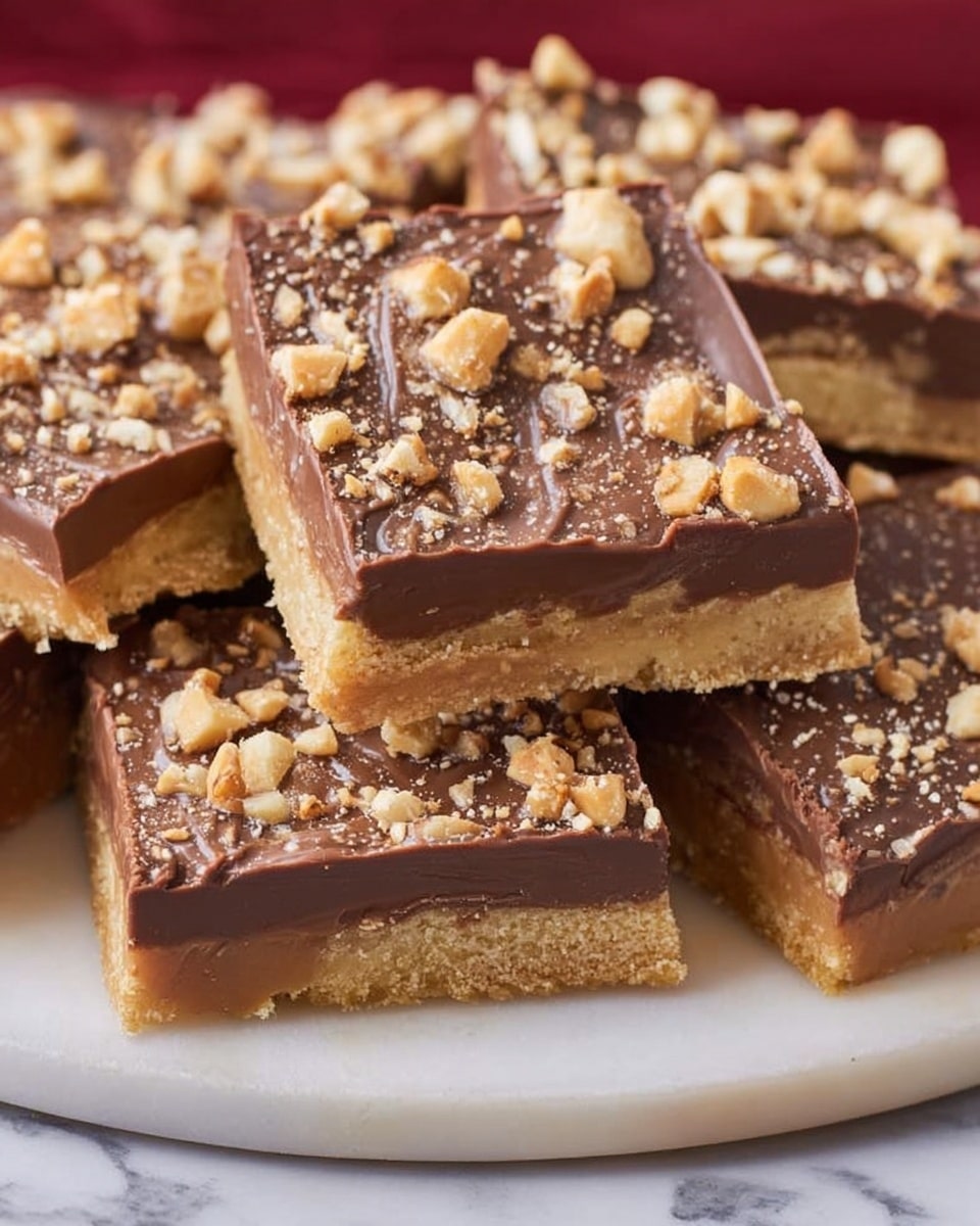 The image shows a close-up of several square pieces of a dessert bar stacked on a white plate with a white marbled surface underneath. Each piece has two layers: a bottom layer that is light golden and crumbly, looking like a shortbread or cookie crust, and a thick top layer of smooth, rich milk chocolate. The chocolate layer is sprinkled with small chunks of nuts, adding a rough texture and light brown color contrast to the shiny chocolate. The bars are cut cleanly with visible sharp edges, and the overall look is rich and inviting. photo taken with an iphone --ar 4:5 --v 7