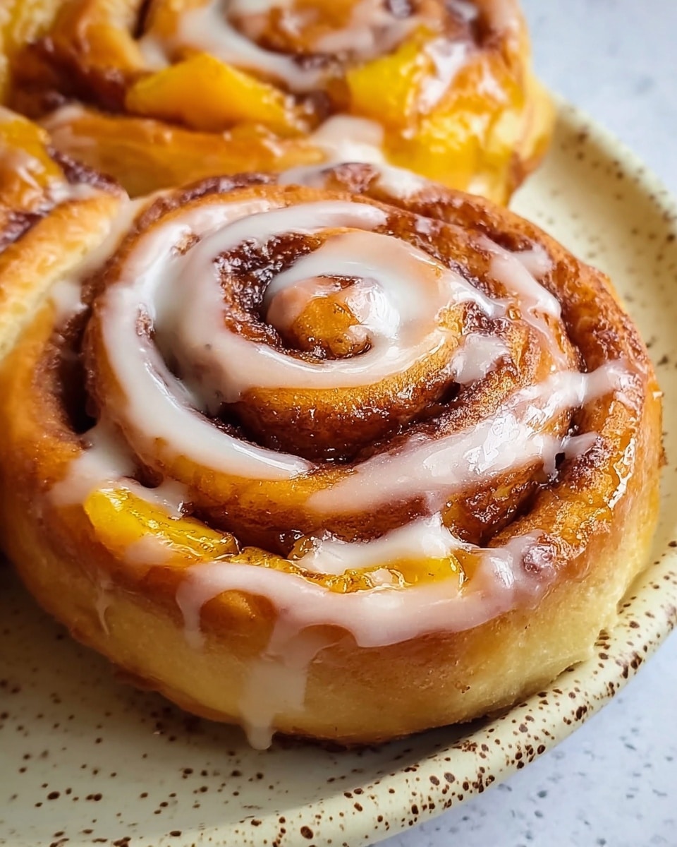 The image shows a close-up of a freshly baked cinnamon roll with three visible spiral layers, each golden brown and shiny from a sugary glaze. The cinnamon layers are dark brown and textured, with bright yellow peach pieces nestled throughout the swirls. Smooth white icing is drizzled in a spiral pattern on top, adding a creamy contrast to the warm tones. The cinnamon roll sits on a white plate with small brown speckles, and the background is a white marbled texture. photo taken with an iphone --ar 4:5 --v 7