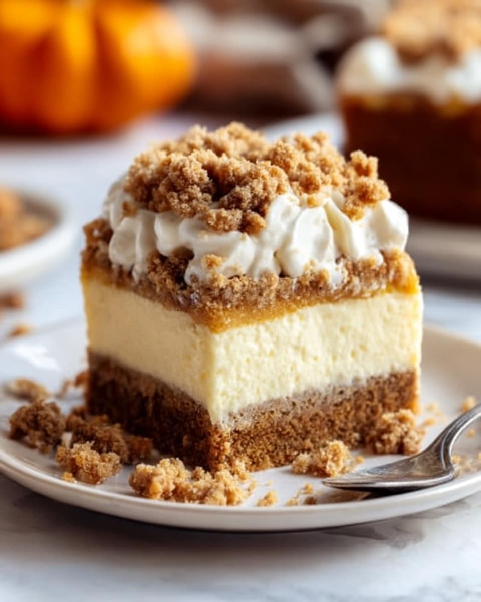 A square piece of dessert with three main layers sits on a white plate on a white marbled surface. The bottom layer is a dense brown cake, the middle layer is thick and creamy light yellow, and the top layer is white whipped cream. On top of the whipped cream, there is a crumbly brown topping that looks soft and crunchy, spread unevenly. Crumbs are scattered around the plate, with a silver spoon placed nearby. In the background, a blurred pumpkin adds an autumn feel. Photo taken with an iphone --ar 4:5 --v 7