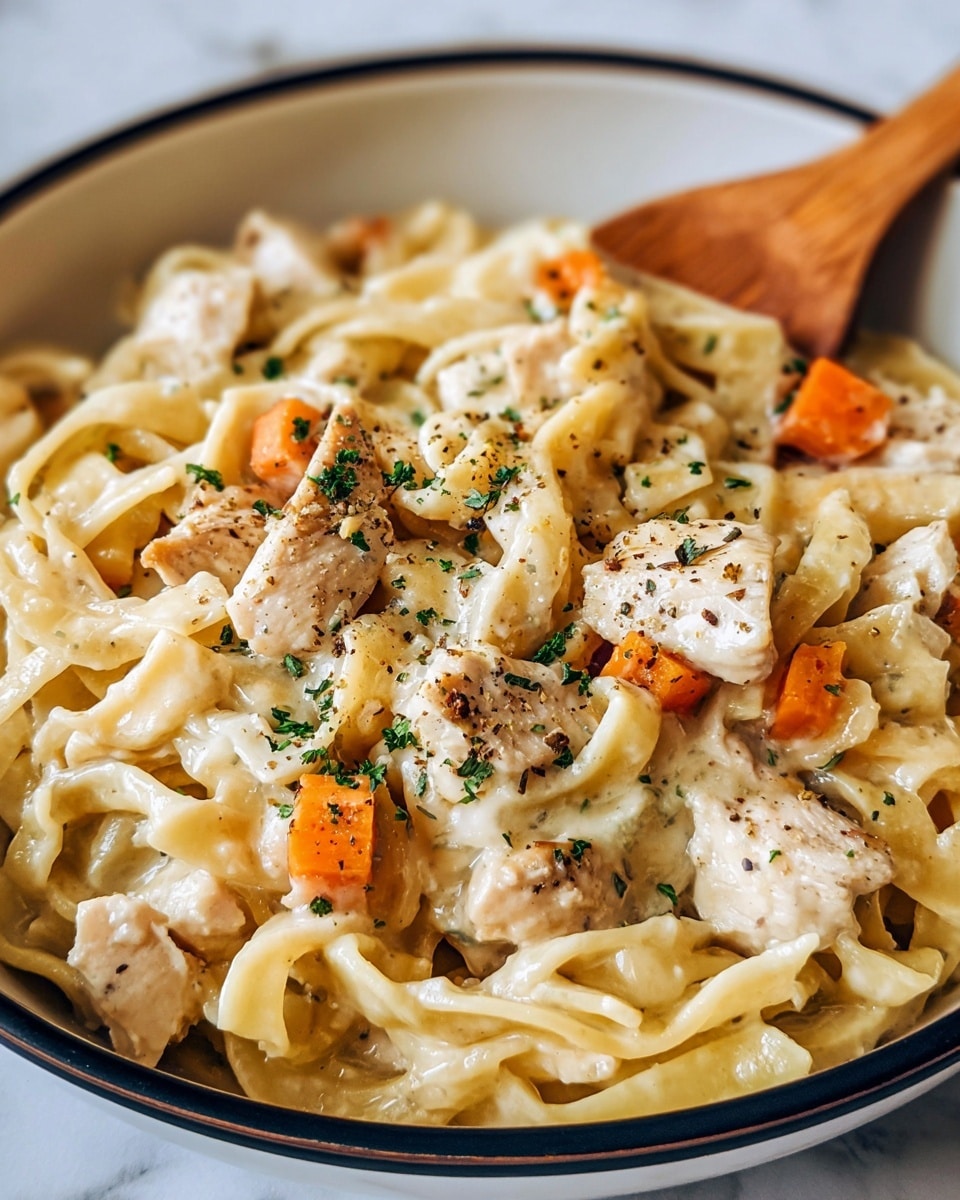 A close-up view of a creamy pasta dish served in a white bowl with a dark rim, showing three main layers: pasta, chicken pieces, and vegetables. The pasta is a light yellow color with soft texture, taking up most of the space, mixed with white chunks of cooked chicken scattered evenly throughout. Small orange carrot cubes are seen among the pasta and chicken, adding color contrast. The dish is topped with a sprinkling of black pepper and green herbs, providing a speckled effect on the creamy surface. A wooden spoon is partly dipped into the bowl from the top right, gently stirring the pasta. The background is a white marbled surface. Photo taken with an iphone --ar 4:5 --v 7
