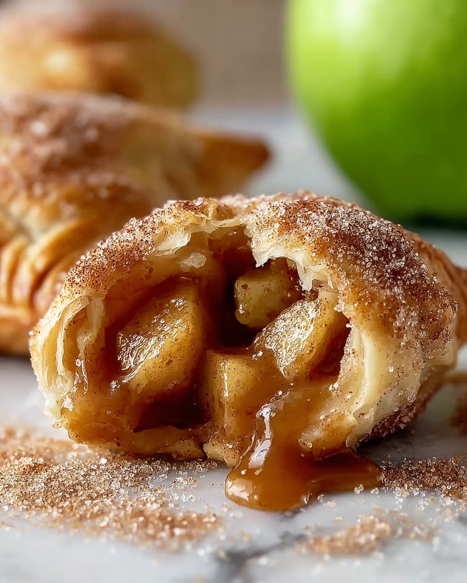 A close-up of a small golden-brown pastry with a sugar and cinnamon crust on the outside, broken open to show soft, juicy apple pieces inside coated in a thick, glossy cinnamon sauce that is slightly dripping out; the pastry looks flaky with multiple layers visible near the edge; in the background, there is a blurred green apple and another pastry resting on a white marbled surface scattered with cinnamon sugar crystals. Photo taken with an iphone --ar 4:5 --v 7