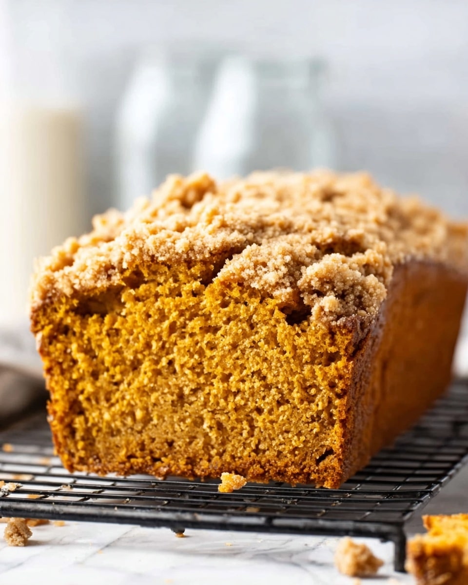 The image shows a thick slice of golden brown pumpkin bread with a crumbly light brown streusel topping. The bread has a soft, moist texture with small air holes inside and a slightly rough surface on top. It is resting on a black metal cooling rack placed on a white marbled surface. In the background, there are blurred glass bottles giving a simple kitchen feel. The photo taken with an iphone --ar 4:5 --v 7