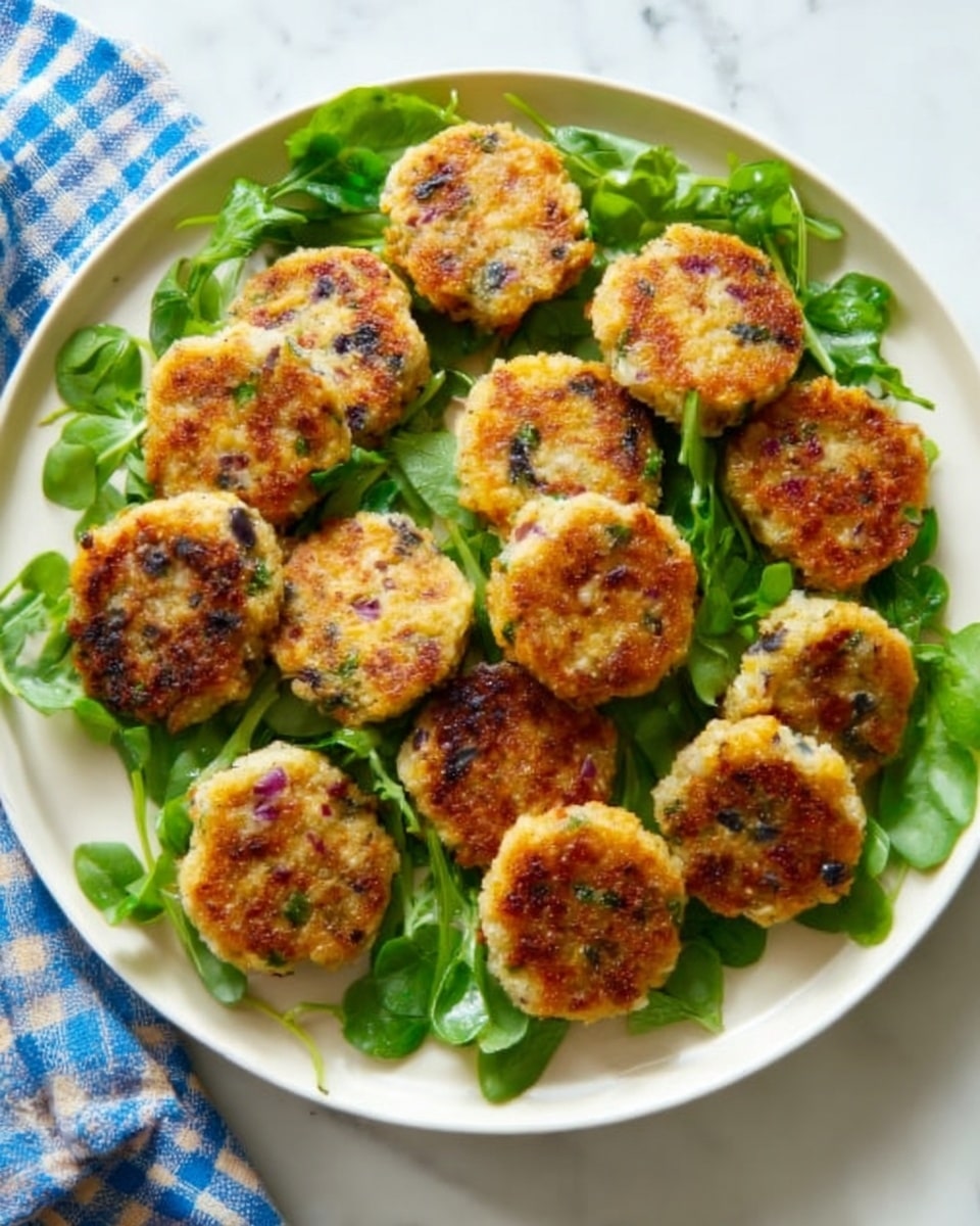 The image shows a white round plate filled with small, round patties arranged in a single layer on a bed of fresh green leaves. Each patty has a golden-brown color with slight charring and visible small pieces of purple and other ingredients inside, giving them a textured and crispy look. The leafy bed beneath the patties is vibrant green and appears fresh, adding contrast to the warm tones of the patties. The plate sits on a white marbled surface, with a blue and white checked cloth partially visible in the background. photo taken with an iphone --ar 4:5 --v 7