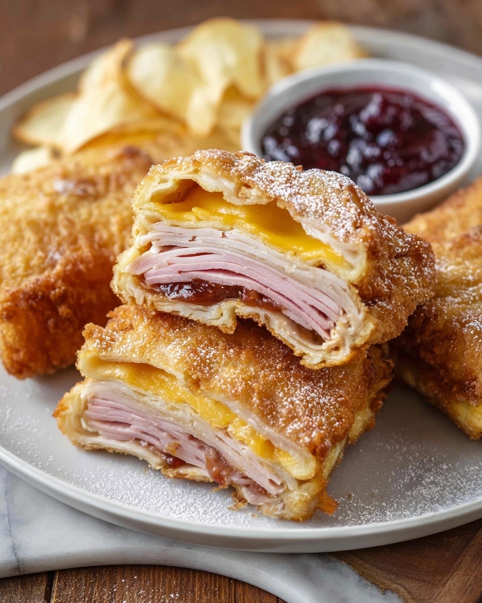 The image shows three pieces of deep-fried sandwiches on a white plate. Each sandwich has a golden brown crunchy outer layer. Inside, there are multiple thin layers starting with a melted yellow cheese layer close to the crust, then layers of folded pink ham, and slices of light pink turkey or chicken breast, followed by a creamy filling. The plate is sprinkled lightly with powdered sugar. In the background, there is a small white bowl filled with a chunky dark red jam or sauce, and some light-colored chips are also seen on the plate. The whole setting is on a wooden table with a white marbled texture underneath. photo taken with an iphone --ar 4:5 --v 7
