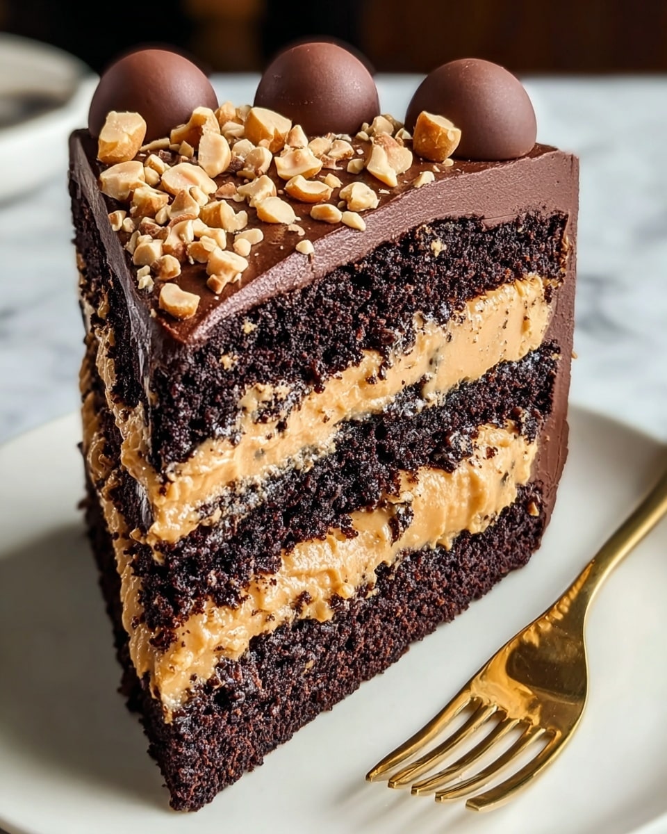 A slice of layered cake with three dark chocolate sponge layers and two creamy peanut butter-colored filling layers in between. The cake is fully covered with a smooth, shiny dark chocolate frosting on the sides and top. On top, there are several round chocolate dollops sprinkled with chopped light brown nuts. The slice sits on a white plate, with a golden fork partially visible in the background on a white marbled surface. Photo taken with an iphone --ar 4:5 --v 7