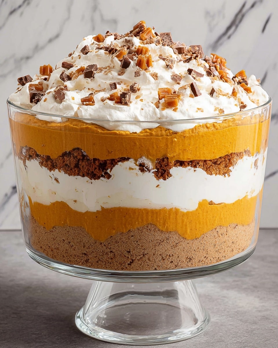 A tall clear glass bowl holds a five-layer dessert. From the bottom up, the first layer is a light brown cake layer with a rough texture. Above it is a smooth soft pumpkin-orange layer. Next is a thick white creamy layer, followed again by the light brown cake layer. Then comes a second white creamy layer, topped with a thick spread of the pumpkin-orange layer. The top layer is fluffy white whipped cream sprinkled evenly with small, chopped pieces of chocolate and caramel candy. The bowl stands on a clear pedestal against a white marbled texture. Photo taken with an iphone --ar 4:5 --v 7