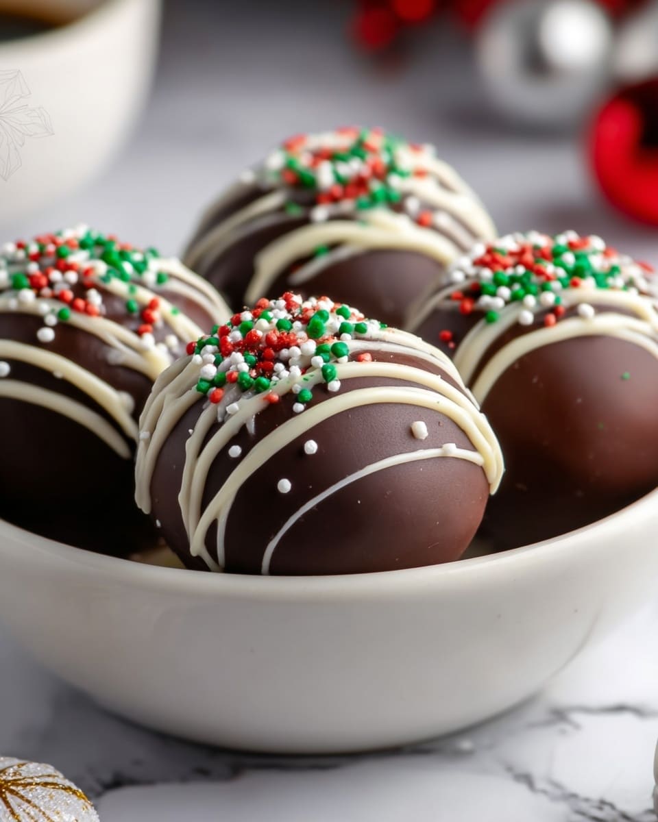 The image shows four round chocolate balls placed on a white bowl. Each ball is covered with smooth, dark brown chocolate and decorated with thin white chocolate lines drizzled across the top. On top of the balls, there are tiny red, green, and white round sprinkles, adding a festive touch. The bowl sits on a white marbled surface with soft lighting creating a cozy atmosphere. Photo taken with an iphone --ar 4:5 --v 7