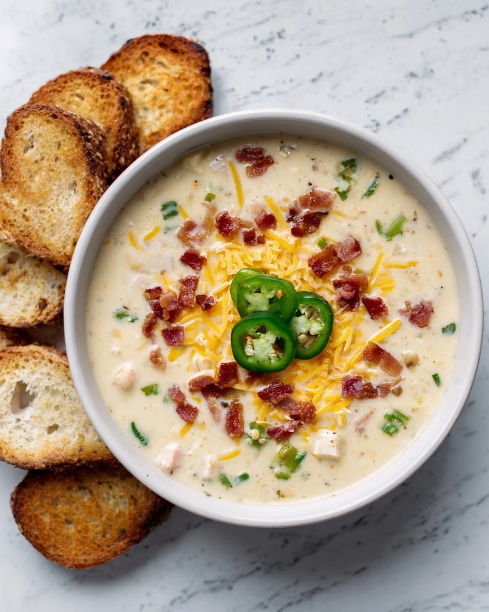 The image shows a white bowl filled with creamy soup that has a thick, smooth texture with small chunks mixed in. On top of the soup is a layer of shredded yellow cheese, followed by small bits of crispy bacon scattered over it. In the center, there are thin green jalapeño slices placed neatly. The bowl sits on a white marbled surface, with toasted slices of bread arranged around the bowl on the left side. Photo taken with an iphone --ar 4:5 --v 7