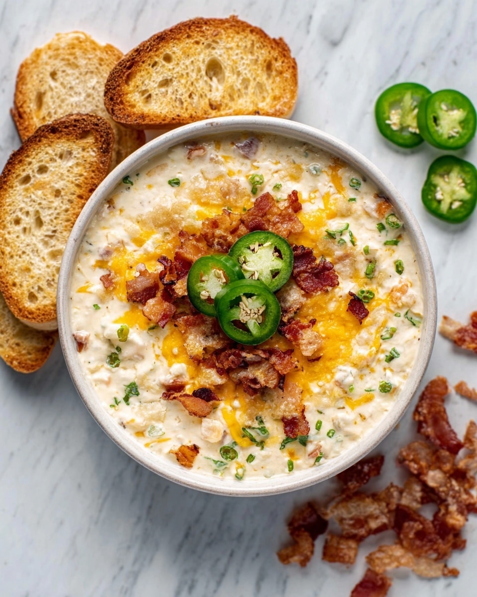 A white bowl filled with creamy white dip that has small chunks inside, topped with melted orange cheese, crispy brown bacon bits, and several green jalapeño slices in the center. Around the bowl, there are three toasted bread slices with a golden-brown crust placed on a white marbled surface, along with a few scattered pieces of bacon and two sliced jalapeños at the top right. The overall look is cozy and inviting, photo taken with an iphone --ar 4:5 --v 7
