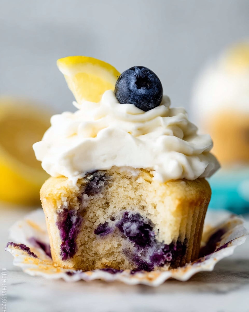 A close-up of a light golden blueberry muffin with visible purple blueberries inside, the muffin is partly bitten to show a soft, moist texture, topped with a thick swirl of white whipped cream, garnished with a single dark blue blueberry and a thin slice of yellow lemon placed at an angle on top; the muffin rests on a peeled white cupcake liner on a white marbled surface. photo taken with an iphone --ar 4:5 --v 7