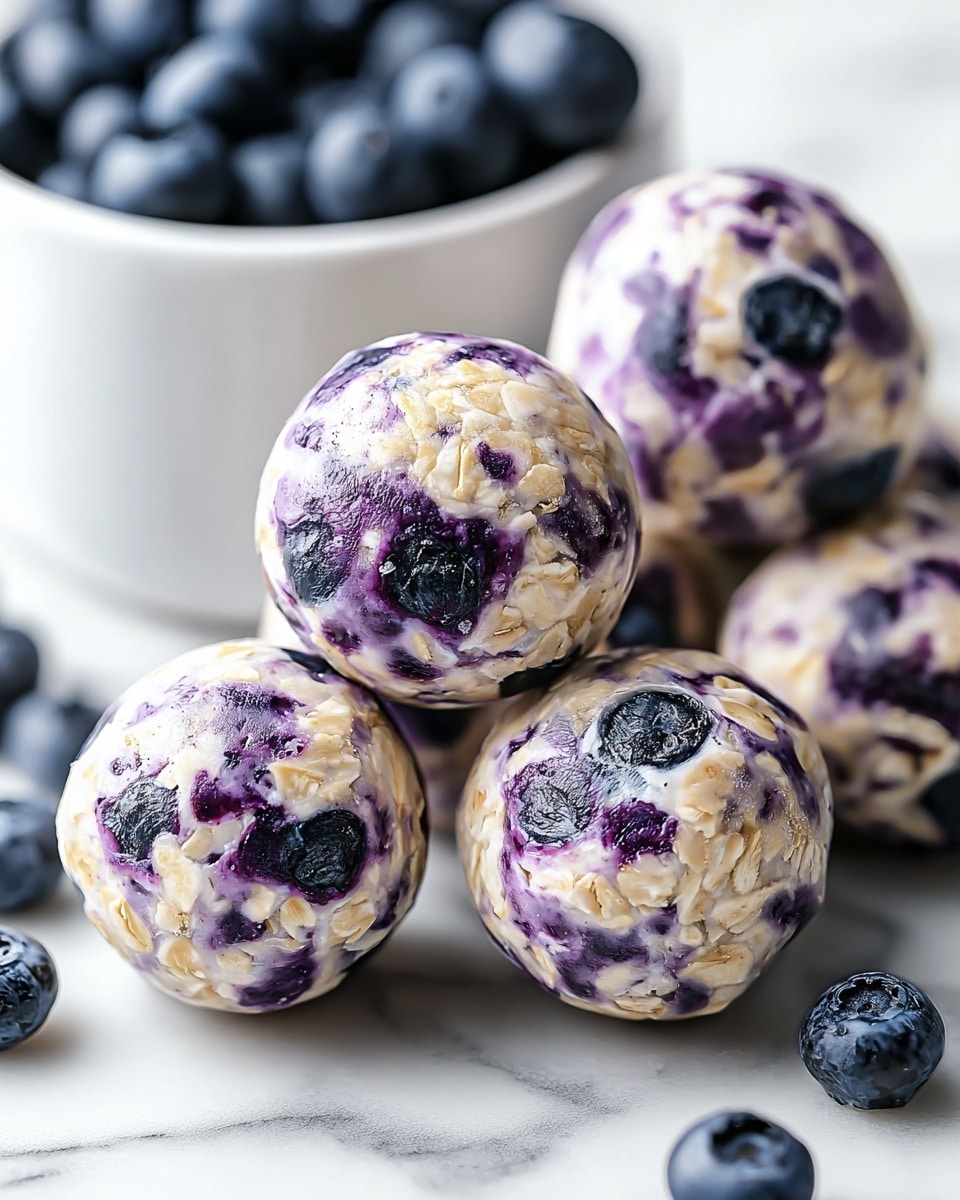 The image shows several round blueberry oat balls with a glossy white coating mixed with purple blueberry spots and bits of light tan oats inside. The balls are clustered together on a white marbled surface, with a few whole blueberries scattered nearby. In the background, a white bowl filled with more blueberries is partially visible. The berries and oat balls have a fresh, slightly wet look. photo taken with an iphone --ar 4:5 --v 7