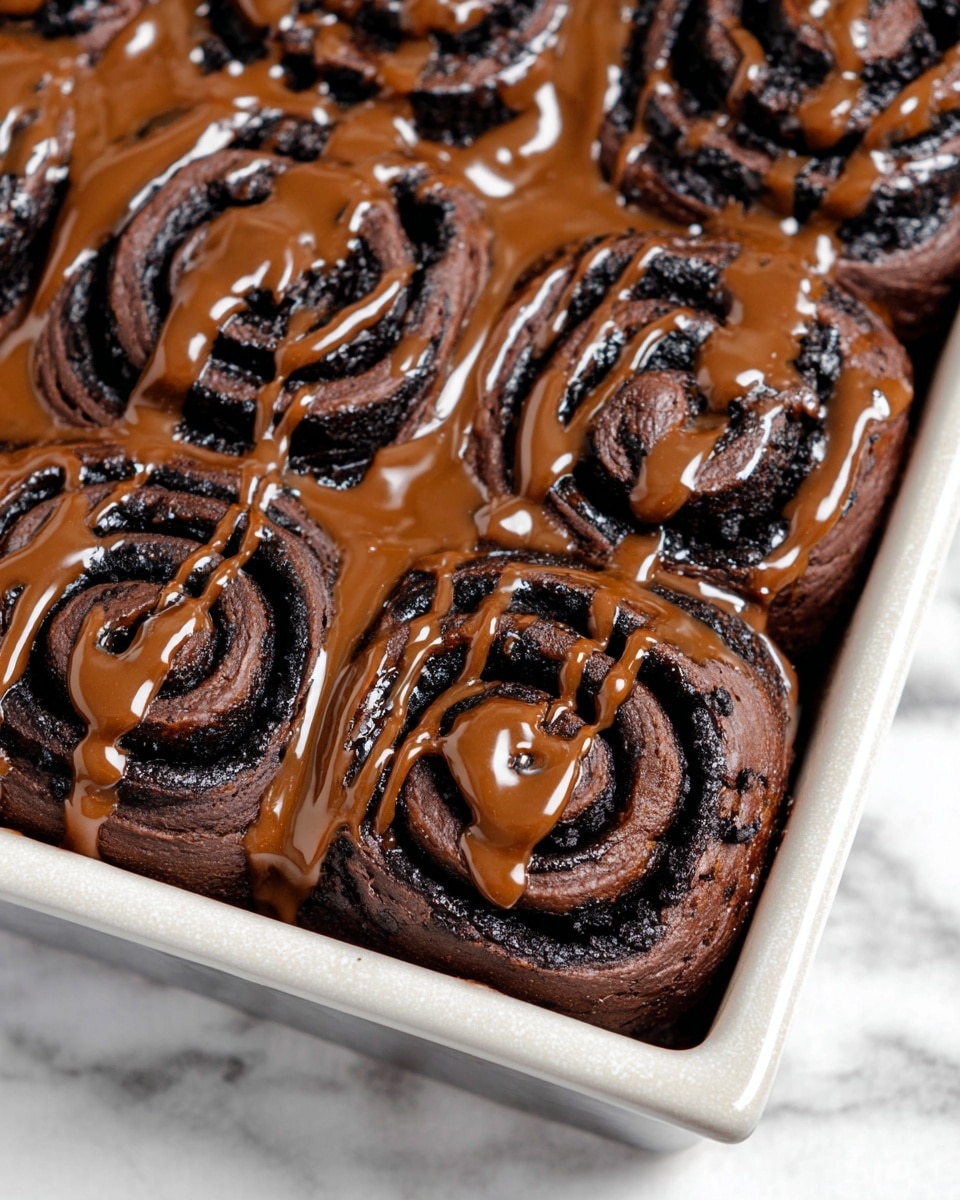 The image shows a close-up of a baking tray filled with ten dark brown chocolate rolls in a spiral shape. Each roll has a deep black center swirl that contrasts with the rich brown dough. A glossy, smooth caramel-colored glaze is drizzled generously over all the rolls, creating thick and thin lines that highlight their round shapes and crevices. The baking tray is white and sits on a surface with a white marbled texture. photo taken with an iphone --ar 4:5 --v 7